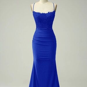 Mermaid Halter  Royal Blue Long Prom Dress with Appliques Beading - ZAPPAKA
